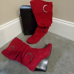 Red Faux Suede Calf Boots
